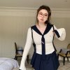 Fitted T-Shirt with Detachable Navy Collar Vest - Tokyo Style Senior Sister Top for a Chic, Slightly Chubby Fit