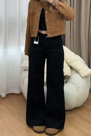 Flared Bell-Bottom Pants for Pear-Shaped Figures, Loose-Fitting Wide-Leg Black Denim Jeans for Women