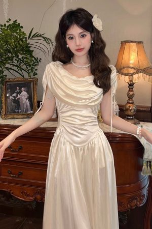 Flared Collar Little White Dress with French Court Design - Three-Color High-End Summer Dress for a Chic 90s Look