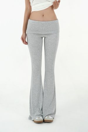 Flared Waist Knitted Ribbed Slim-Fit Pants - Y2K Style, Comfortable Fashionable Trousers for Effortless Everyday Wear