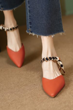 Flattering Genuine Leather Pointed Toe One-Strap Sandals for Women - Summer 2025 Low Chunky Heel Closed-Toe Design