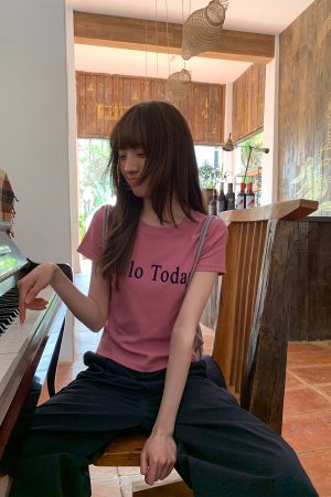 Flocked Letter Printed Short Sleeve T-Shirt for Women - Summer 2025 Slim Fit Casual Top - Trendy Y2K Style