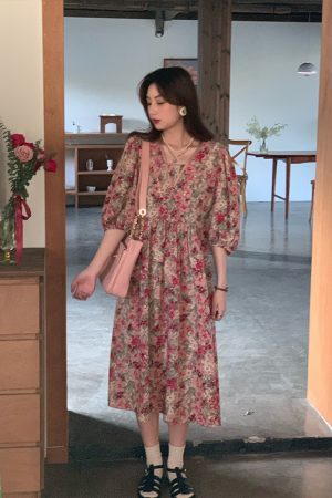 Flora Honey Red Retro Floral Short Sleeve Dress for Women - Summer Puff Sleeve Vintage Style