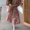 Flora Honey Red Retro Floral Short Sleeve Dress for Women - Summer Puff Sleeve Vintage Style