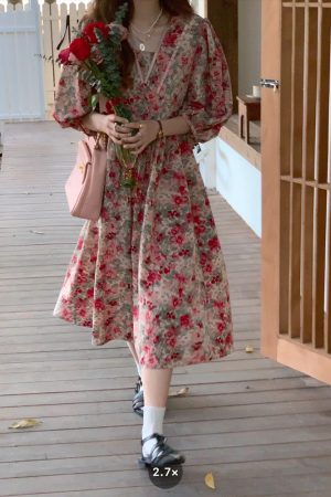 Flora Honey Red Retro Floral Short Sleeve Dress for Women - Summer Puff Sleeve Vintage Style