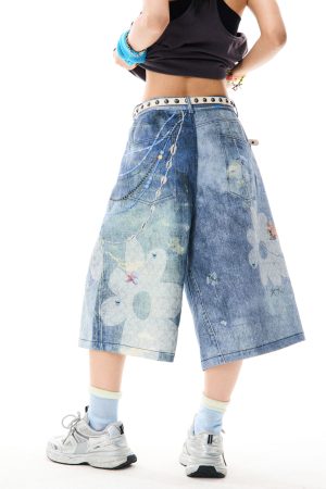 Floral 3D Chain Print Wide-Leg Denim Shorts for Women - American Style Loose-Fit Three-Quarter Pants, Trendy Y2K Fashion