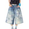 Floral 3D Chain Print Wide-Leg Denim Shorts for Women - American Style Loose-Fit Three-Quarter Pants, Trendy Y2K Fashion