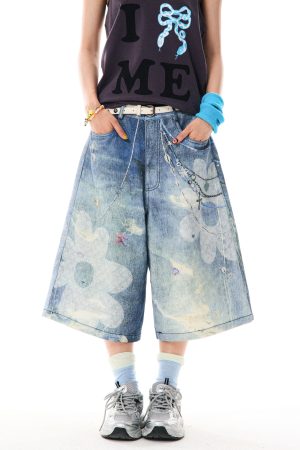 Floral 3D Chain Print Wide-Leg Denim Shorts for Women - American Style Loose-Fit Three-Quarter Pants, Trendy Y2K Fashion