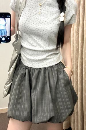 Floral Bud Plaid Skirt Pants for Women - Summer Gray Shorts, Hip-Hiding Slimming Design, Plus Size, Petite Style