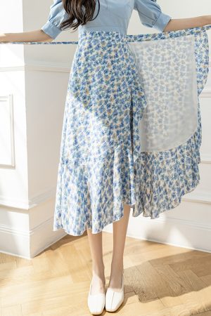 Floral Chiffon Fish Tail One-Piece Dress - Womenâ€™s Summer Bodycon Wrap Skirt with Irregular Ruffle for Beach Style