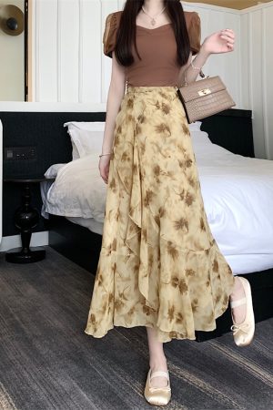 Floral Chiffon Fish Tail One-Piece Dress - Womenâ€™s Summer Bodycon Wrap Skirt with Irregular Ruffle for Beach Style