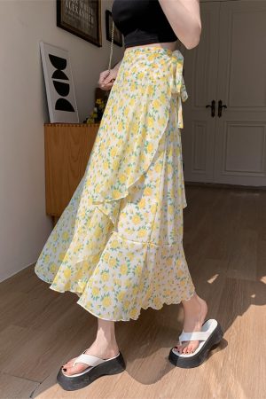 Floral Chiffon Fish Tail One-Piece Dress - Womenâ€™s Summer Bodycon Wrap Skirt with Irregular Ruffle for Beach Style