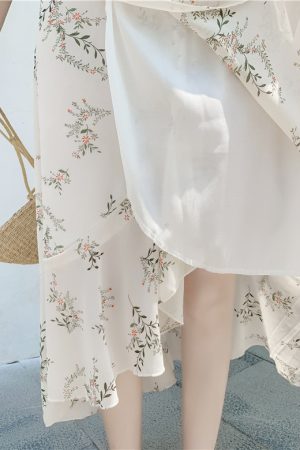 Floral Chiffon Fish Tail One-Piece Dress - Womenâ€™s Summer Bodycon Wrap Skirt with Irregular Ruffle for Beach Style