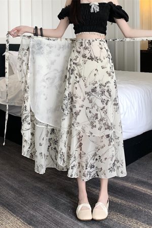 Floral Chiffon Fish Tail One-Piece Dress - Womenâ€™s Summer Bodycon Wrap Skirt with Irregular Ruffle for Beach Style