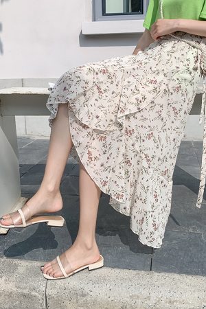 Floral Chiffon Fish Tail One-Piece Dress - Womenâ€™s Summer Bodycon Wrap Skirt with Irregular Ruffle for Beach Style