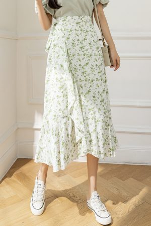 Floral Chiffon Fish Tail One-Piece Dress - Womenâ€™s Summer Bodycon Wrap Skirt with Irregular Ruffle for Beach Style