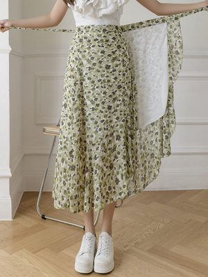 Floral Chiffon Fish Tail One-Piece Dress - Womenâ€™s Summer Bodycon Wrap Skirt with Irregular Ruffle for Beach Style