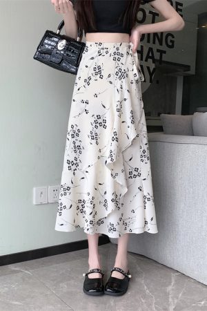 Floral Chiffon Fish Tail One-Piece Dress - Womenâ€™s Summer Bodycon Wrap Skirt with Irregular Ruffle for Beach Style