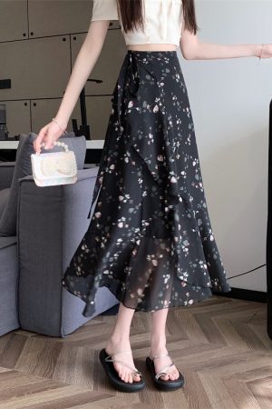 Floral Chiffon Fish Tail One-Piece Dress - Womenâ€™s Summer Bodycon Wrap Skirt with Irregular Ruffle for Beach Style