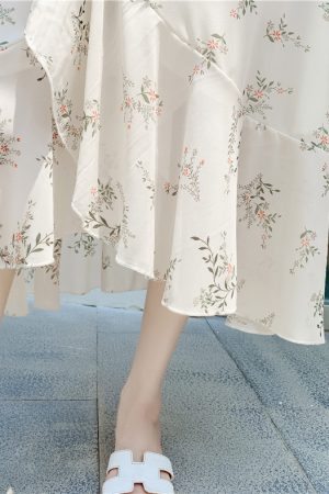 Floral Chiffon Fish Tail One-Piece Dress - Womenâ€™s Summer Bodycon Wrap Skirt with Irregular Ruffle for Beach Style