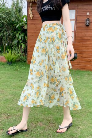 Floral Chiffon Fish Tail One-Piece Dress - Womenâ€™s Summer Bodycon Wrap Skirt with Irregular Ruffle for Beach Style