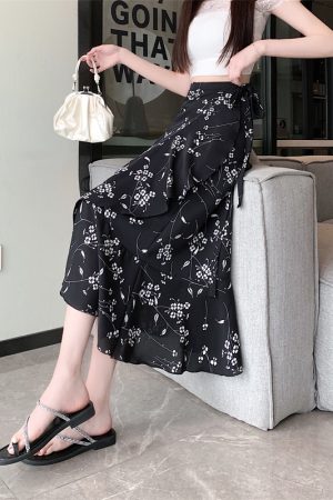 Floral Chiffon Fish Tail One-Piece Dress - Womenâ€™s Summer Bodycon Wrap Skirt with Irregular Ruffle for Beach Style