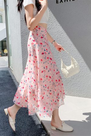 Floral Chiffon Fish Tail One-Piece Dress - Womenâ€™s Summer Bodycon Wrap Skirt with Irregular Ruffle for Beach Style