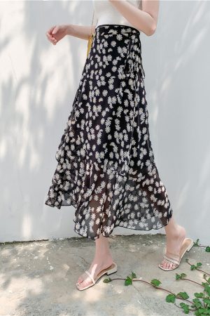 Floral Chiffon Fish Tail One-Piece Dress - Womenâ€™s Summer Bodycon Wrap Skirt with Irregular Ruffle for Beach Style