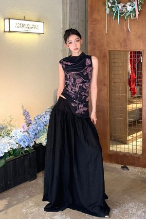 Floral Elastic Mesh Vest Top with Wrinkled Slim Fit for a Desert Island Night, Perfect for Y2K and Current Trends