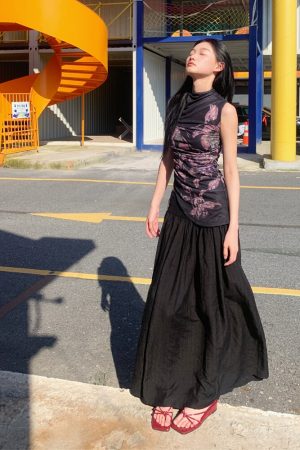 Floral Elastic Mesh Vest Top with Wrinkled Slim Fit for a Desert Island Night, Perfect for Y2K and Current Trends