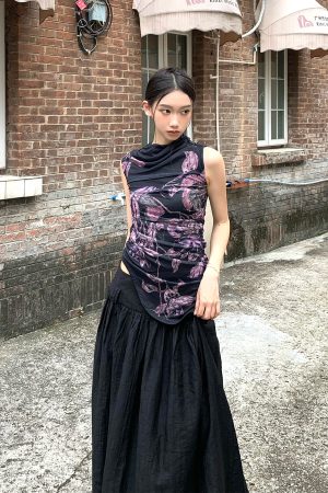 Floral Elastic Mesh Vest Top with Wrinkled Slim Fit for a Desert Island Night, Perfect for Y2K and Current Trends