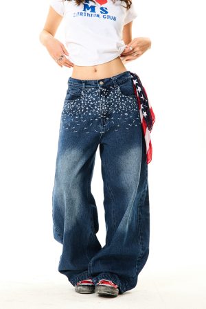 Floral Embroidered Denim Pants for Women - American Retro Casual Loose Wide-Leg Trousers, Y2K Inspired Fashion