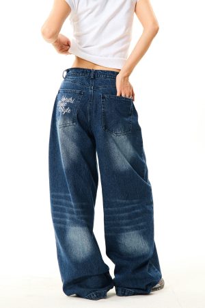 Floral Embroidered Denim Pants for Women - American Retro Casual Loose Wide-Leg Trousers, Y2K Inspired Fashion