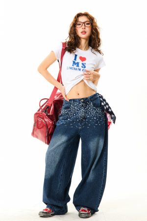 Floral Embroidered Denim Pants for Women - American Retro Casual Loose Wide-Leg Trousers, Y2K Inspired Fashion