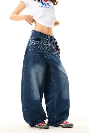 Floral Embroidered Denim Pants for Women - American Retro Casual Loose Wide-Leg Trousers, Y2K Inspired Fashion