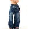 Floral Embroidered Denim Pants for Women - American Retro Casual Loose Wide-Leg Trousers, Y2K Inspired Fashion
