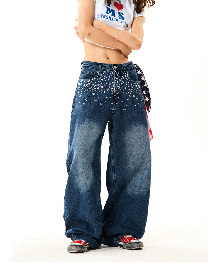 Floral Embroidered Denim Pants for Women - American Retro Casual Loose Wide-Leg Trousers, Y2K Inspired Fashion Floral Embroidered Denim Pants for Women - American Retro Casual Loose Wide-Leg Trousers, Y2K Inspired Fashion