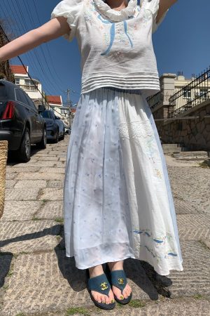 Floral Embroidery Linen Short Sleeve Shirt and Skirt Set for Women - Vintage Summer Outfit, Loose Fit, Boho Style
