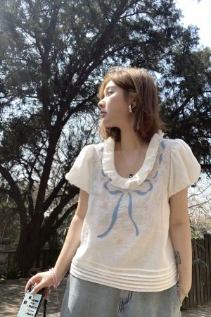 Floral Embroidery Linen Short Sleeve Shirt and Skirt Set for Women - Vintage Summer Outfit, Loose Fit, Boho Style