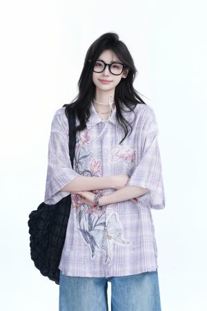 Floral Embroidery Pink Purple Checkered Short Sleeve Shirt for Women - Trendy Loose Fit, National Style, Perfect for Y2K Fashion