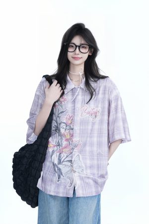 Floral Embroidery Pink Purple Checkered Short Sleeve Shirt for Women - Trendy Loose Fit, National Style, Perfect for Y2K Fashion