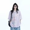 Floral Embroidery Pink Purple Checkered Short Sleeve Shirt for Women - Trendy Loose Fit, National Style, Perfect for Y2K Fashion