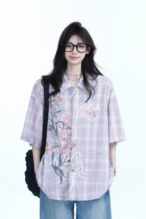 Floral Embroidery Pink Purple Checkered Short Sleeve Shirt for Women - Trendy Loose Fit, National Style, Perfect for Y2K Fashion
