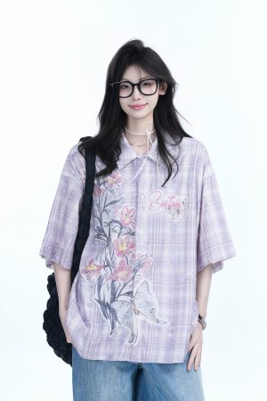 Floral Embroidery Pink Purple Checkered Short Sleeve Shirt for Women - Trendy Loose Fit, National Style, Perfect for Y2K Fashion