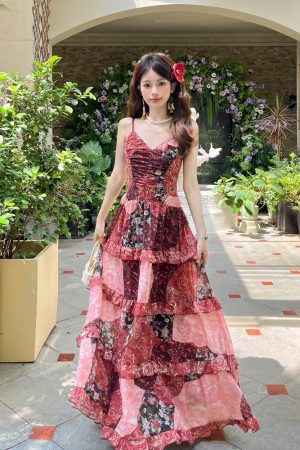 Floral Lace Spaghetti Strap Dress - Thai-Inspired Summer Vacation Beach Dress for a 90s Boho Look