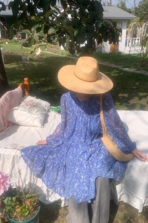 Floral Long Sleeve Chiffon Dress for Women - Spring Loose Puff Sleeve Cake Dress, Vintage Flower Dance Style, Perfect for Spring Events