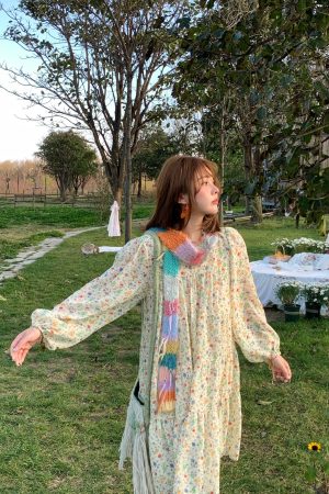 Floral Long Sleeve Chiffon Dress for Women - Spring Loose Puff Sleeve Cake Dress, Vintage Flower Dance Style, Perfect for Spring Events