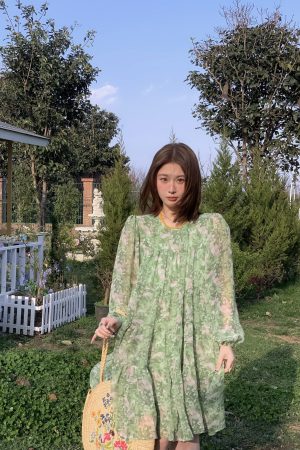 Floral Long Sleeve Chiffon Dress for Women - Spring Loose Puff Sleeve Cake Dress, Vintage Flower Dance Style, Perfect for Spring Events