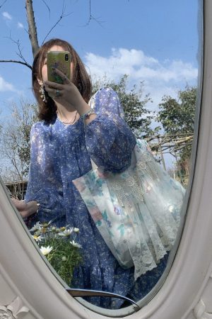 Floral Long Sleeve Chiffon Dress for Women - Spring Loose Puff Sleeve Cake Dress, Vintage Flower Dance Style, Perfect for Spring Events