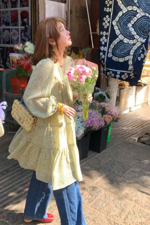 Floral Long Sleeve Chiffon Dress for Women - Spring Loose Puff Sleeve Cake Dress, Vintage Flower Dance Style, Perfect for Spring Events